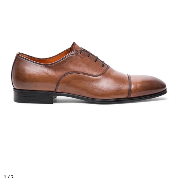 SANTONI Italy | Darian Brown Leather Lace Up Plain Cap Toe Oxfords | Men's 8 1/2 - Picture 1 of 8